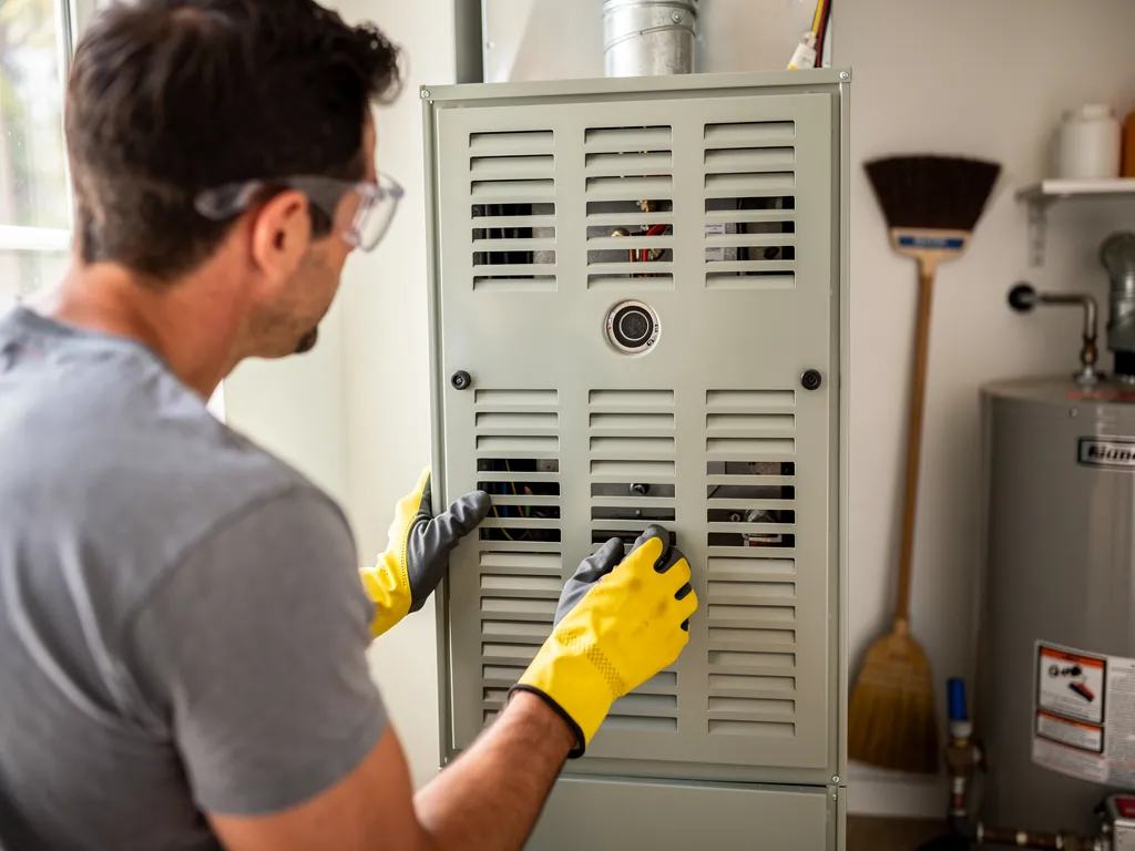 Homeowner in safety gear performing DIY maintenance on a closed furnace