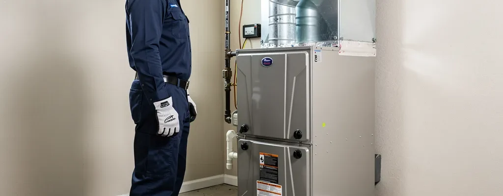 HVAC technician in safety gear beside a closed San Diego furnace unit