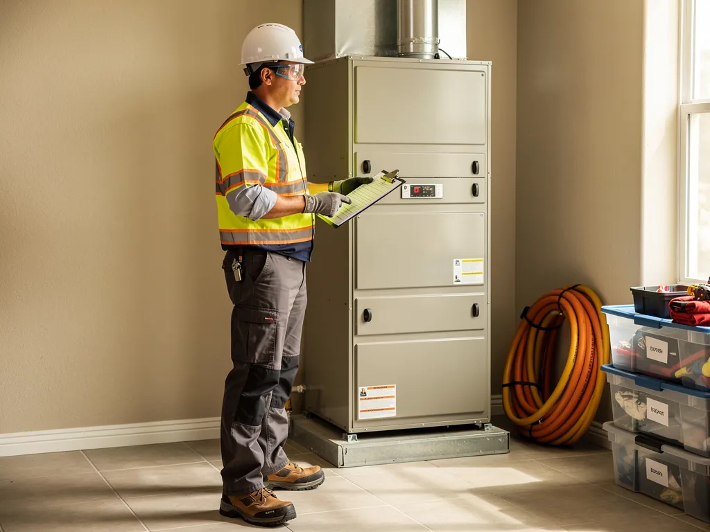 Certified technician in safety gear reviewing a closed furnace before professional service